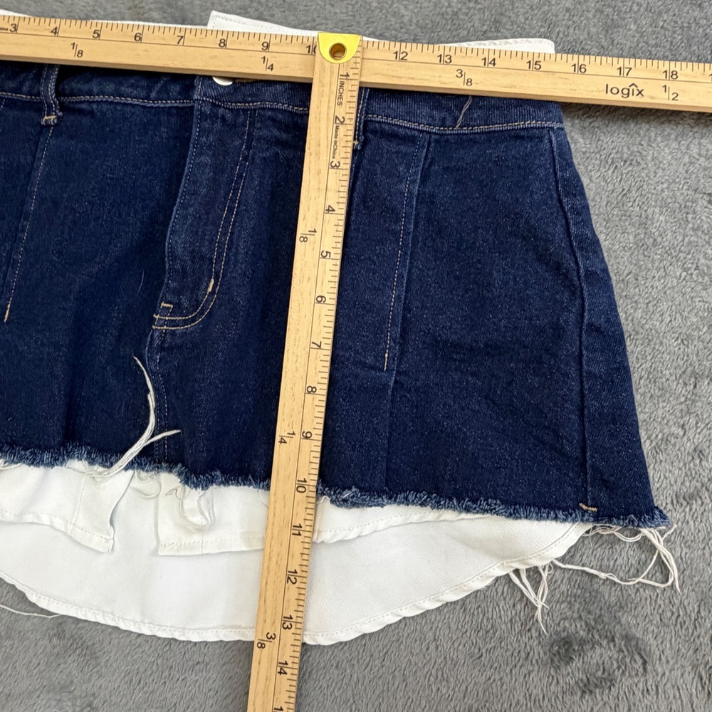 BDG Urban Outfitters Layered Denim Mini Skirt Dark Wash Raw Hem Pleated Medium - Picture 3 of 7